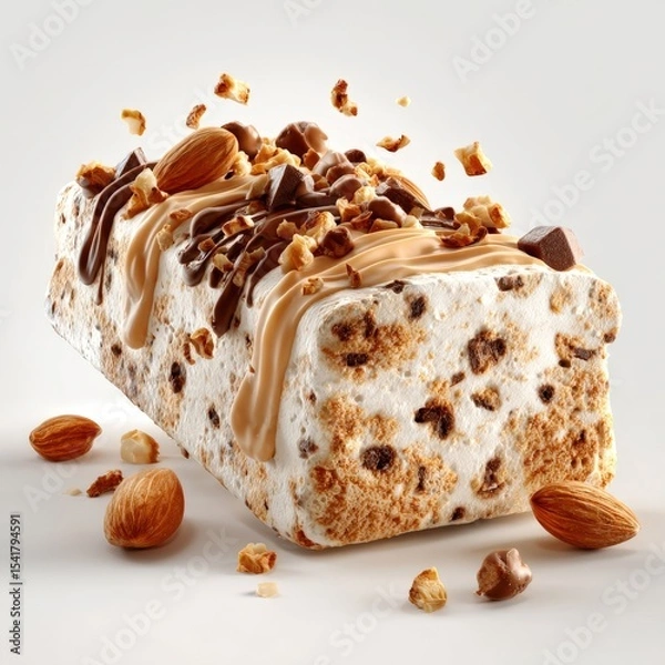 Fototapeta Decadent Nougat Ice Cream Bar: Richly Drizzled with Chocolate and Caramel, Topped with Crunchy Almonds and Nut Pieces A Gourmet Frozen Dessert Indulgence