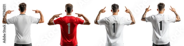Fototapeta A confident football player in a team jersey pointing upwards and raising hand, celebrating from behind view. Isolated on white background. Generative AI, Transparent background