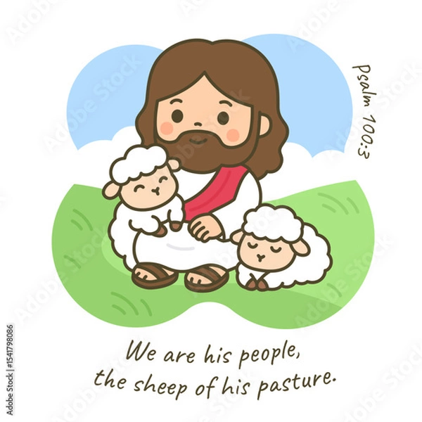 Fototapeta Cartoon Jesus Sitting with Sheep in Lush Pasture Under Gentle Blue Sky