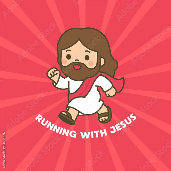 Fototapeta Happy Cartoon Jesus Running with Joyful Energy on Radiant Red Background