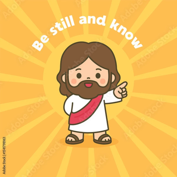Fototapeta Peaceful Cartoon Jesus with Uplifted Hand Surrounded by Glowing Yellow Rays