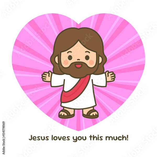 Fototapeta Loving Cartoon Jesus Spreading Arms in Front of Pink Heart Radiance