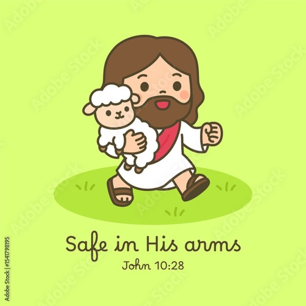 Fototapeta Cartoon Jesus Holding Lamb Peacefully on Soft Green Background with Comforting Message