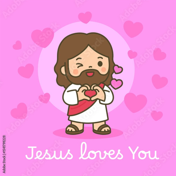 Fototapeta Smiling Cartoon Jesus Surrounded by Floating Hearts on Pink Background of Love