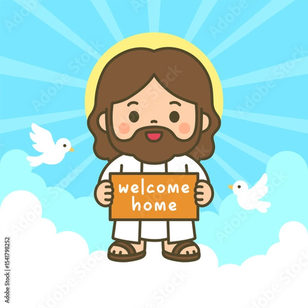 Fototapeta Joyful Cartoon Jesus Holding Welcome Home Sign with Doves in Heavenly Sky