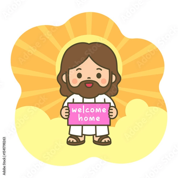 Fototapeta Cartoon Jesus Smiling with Welcome Home Sign Amid Glowing Golden Cloudburst