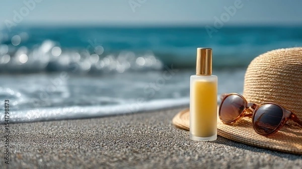 Fototapeta Cosmetic Bottle on Beach with Straw Hat and Ocean in Background