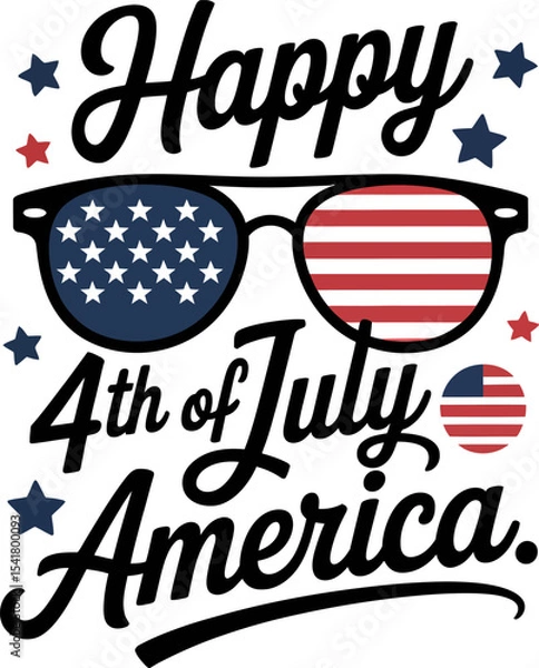 Fototapeta Classic happy 4th of July America text with sunglasses, star, and fireworks theme in clean layout  