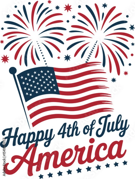 Fototapeta American flag waving under red fireworks with happy 4th of July America text in soft serif font  