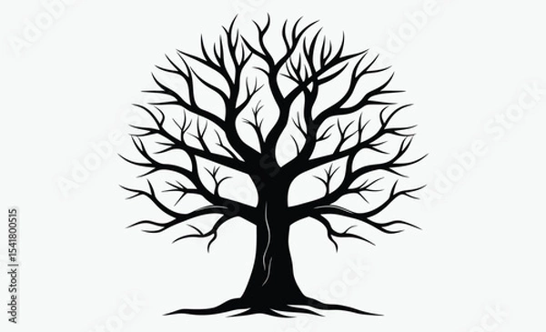Fototapeta Bare tree silhouette, leafless tree drawing, spooky tree outline, hand drawn illustration
