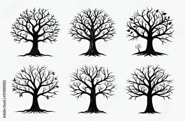 Obraz Bare tree silhouette, leafless tree drawing, spooky tree outline, hand drawn illustration