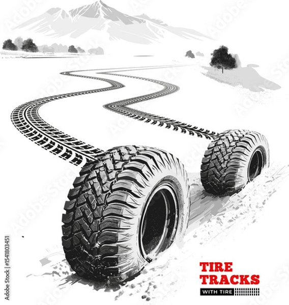 Obraz Vector Illustration of large off-road tires leaving tracks through a mountainous landscape