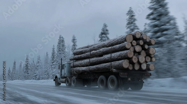 Obraz A timber truck transports logs on a snowy landscape.