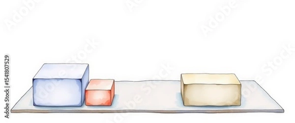 Obraz Watercolor style image with three cubes. One is blue, one is red, and one is yellow, on a light surface