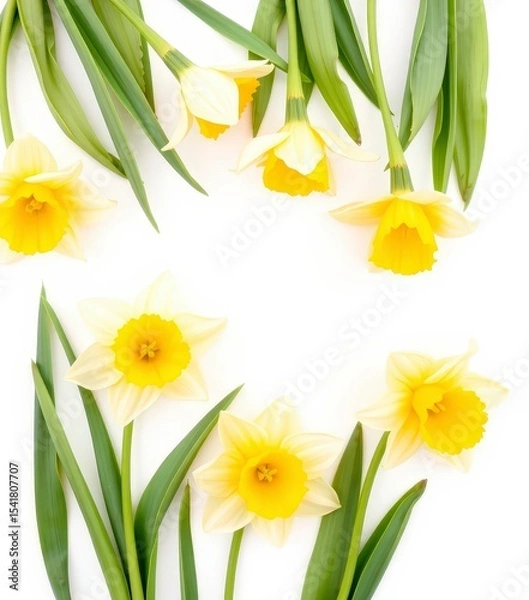 Obraz Yellow daffodils with green leaves arranged in a border on a white background, flat lay, bright