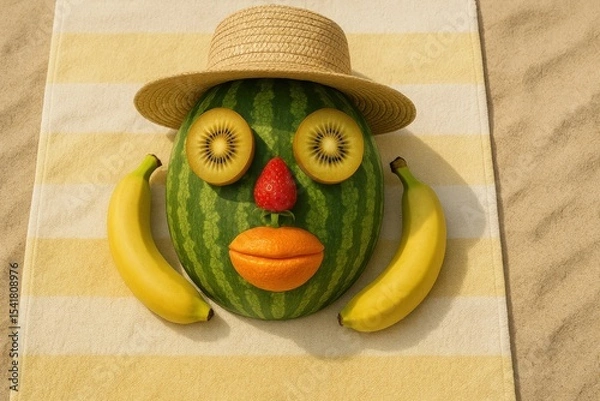 Fototapeta Creative fruit face made of watermelon, bananas, kiwi, strawberry and orange on a striped beach towel. Fun summer concept for healthy lifestyle, vacation and playful food art