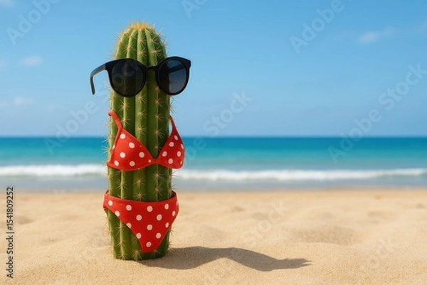 Fototapeta Cactus wearing sunglasses and a red polka dot bikini on a sandy beach. Humorous summer concept image with tropical sea in the background. Visual metaphor of vacation mood
