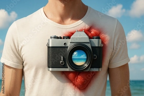 Fototapeta A vintage camera is embedded in the chest of a person, replacing the heart. Its lens reflects a summer beach, symbolizing a deep passion for photography and capturing summer moments