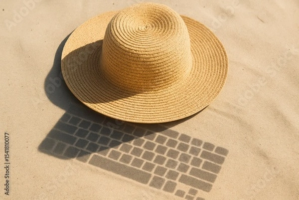 Fototapeta Straw hat casting a shadow shaped like a computer keyboard on sand. Conceptual image symbolizing remote work, IT vacation, or digital nomad lifestyle