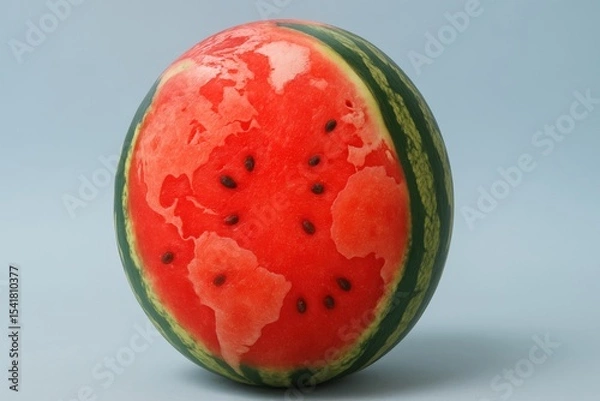 Fototapeta Juicy watermelon carved to resemble a globe with world map on red pulp. Creative summer concept symbolizing global summer mood, freshness and tropical vibes