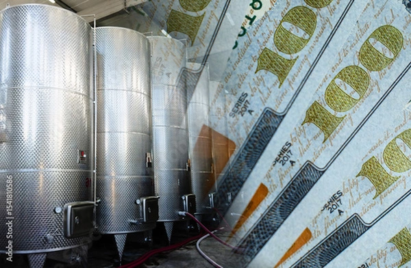 Fototapeta Wine manufacturing. Modern winery tanks on a background of money. Cost and expenses for the production of wine products