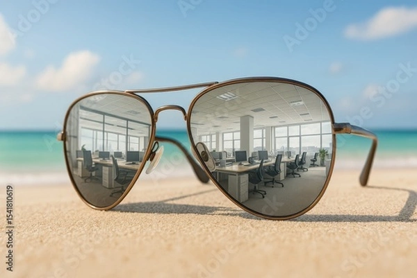 Fototapeta Sunglasses lying on a sunny beach reflect a modern office interior, creating a surreal contrast between vacation and work. Conceptual image of remote work or work-life balance