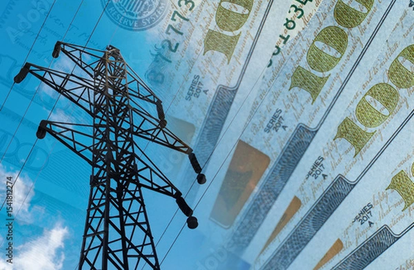 Fototapeta Electrical transmission tower on a background of money. The raising electricity tariffs concept