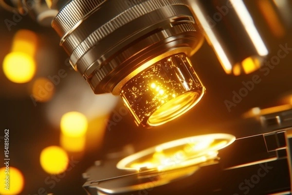 Obraz Close-Up View of Microscope Lens with Sparkling Elements and Light