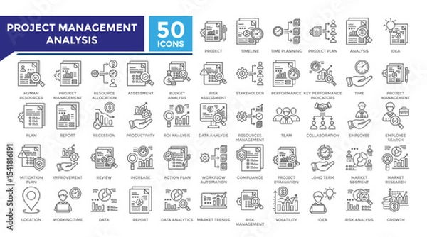 Fototapeta Project management analysis lineal icon set collection. This set includes project, audit, resource allocation, budget, data, analysis and more icons in lineal style. Icons collection for infographics