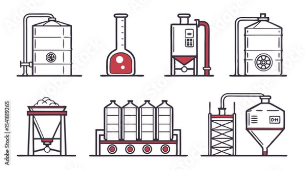 Obraz Bioprocessing Equipment Icons – Industrial Fermentation Vector Set