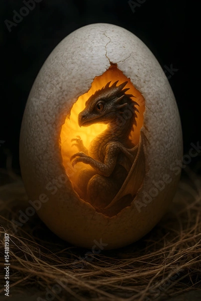 Fototapeta Baby Dragon Illuminated Inside Cracked Egg Shell Resting on Nest in Warm Low Light Fantasy Scene
