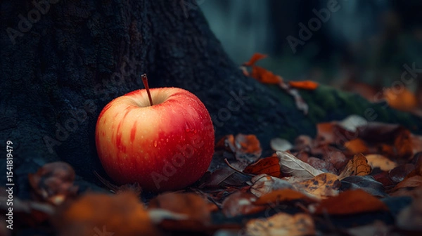 Fototapeta Close-Up of a Fresh Red Apple with Water Droplets Resting on Autumn Leaves Beside a Mossy Tree Trunk