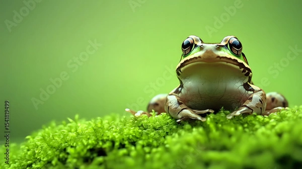 Fototapeta Close-up of a Vibrant Tree Frog Sitting on Fresh Green Moss in a Lush Forest with Shallow Depth of Field