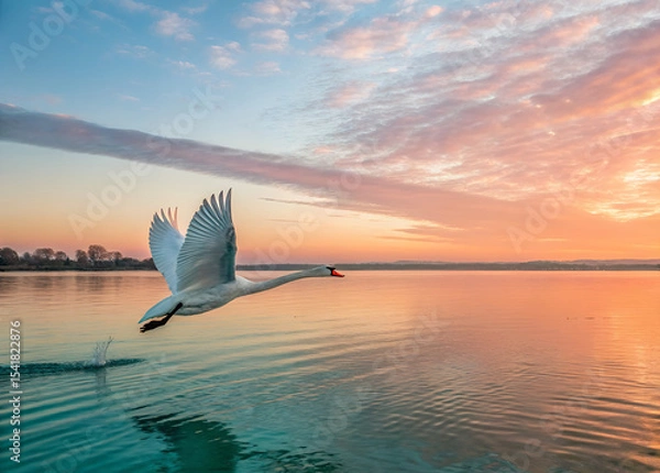 Obraz Swan's Flight: A graceful swan soars across the water, its white feathers contrasting beautifully with the vibrant hues of the sunset, evoking a sense of freedom and serenity.