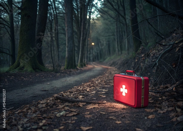 Obraz Medical Kit in the Forest: A striking image of a red medical kit, its white cross a beacon of hope, rests on a path winding into a dense, moody forest.