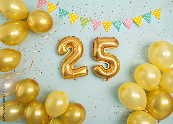Obraz Golden Anniversary Celebration: Balloons, streamers, and confetti create a festive atmosphere for a golden anniversary celebration, symbolizing a milestone of 25 years of love, commitment, and joy.