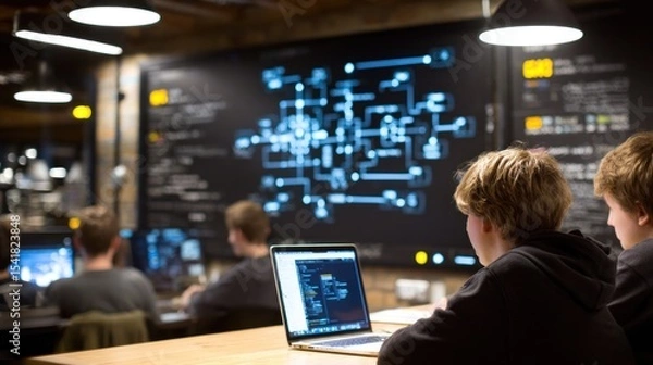 Obraz Students collaborating on laptops in a modern classroom setting