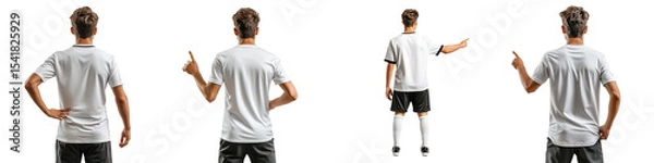 Fototapeta A confident football player in a team jersey pointing upwards and raising hand, celebrating from behind view. Isolated on white background. Generative AI, Transparent background