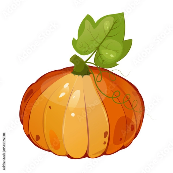 Fototapeta Pumpkin with leaf for autumn harvest,Halloween,Thanksgiving design.For greeting cards, posters, flyers, banners for fall festivals and farmers’ markets, packaging,website, game icons, textile design