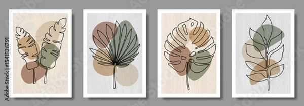 Obraz Set of abstract leaves and earth tone geometric shapes for interior. Modern wall decoration collection design for poster, cover, card. Leaves in hand drawn. Artistic template. One line drawing.