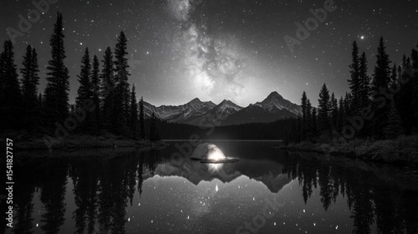 Obraz Camping tent in a serene valley under a clear, starry night sky with the Milky Way visible above the surrounding mountains
