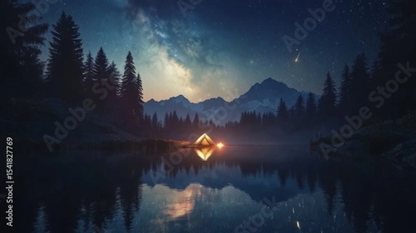 Obraz Camping tent in a serene valley under a clear, starry night sky with the Milky Way visible above the surrounding mountains
