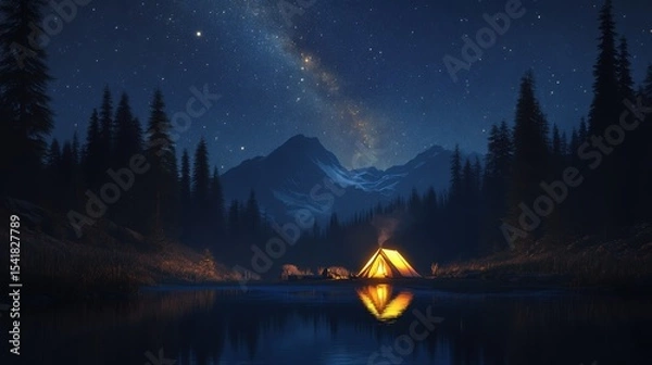 Obraz Camping tent in a serene valley under a clear, starry night sky with the Milky Way visible above the surrounding mountains
