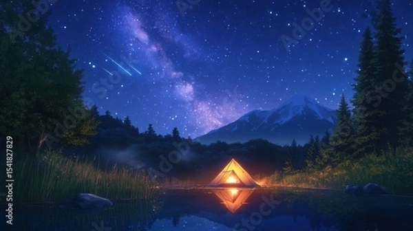 Obraz Camping tent in a serene valley under a clear, starry night sky with the Milky Way visible above the surrounding mountains
