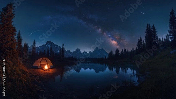 Obraz Camping tent in a serene valley under a clear, starry night sky with the Milky Way visible above the surrounding mountains
