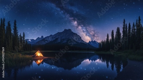 Obraz Camping tent in a serene valley under a clear, starry night sky with the Milky Way visible above the surrounding mountains
