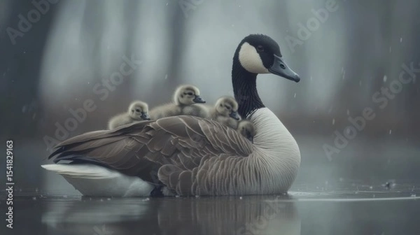 Obraz canadian goose protecting her babies
