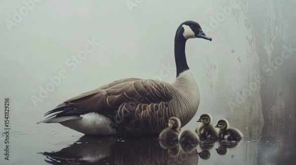 Obraz canadian goose protecting her babies

