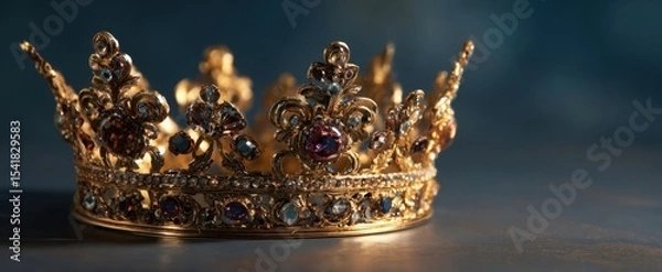 Fototapeta The beautiful golden crown adorned with colorful gems on a textured surface.