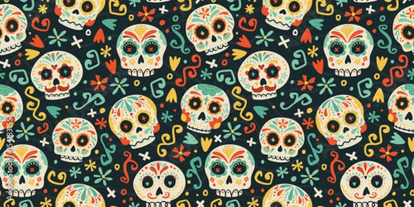 Obraz Day of the dead, Dia de los muertos background and seamless pattern, hand drawn with decoration and flowers, great for textiles, banners, wallpapers, wrapping - vector design